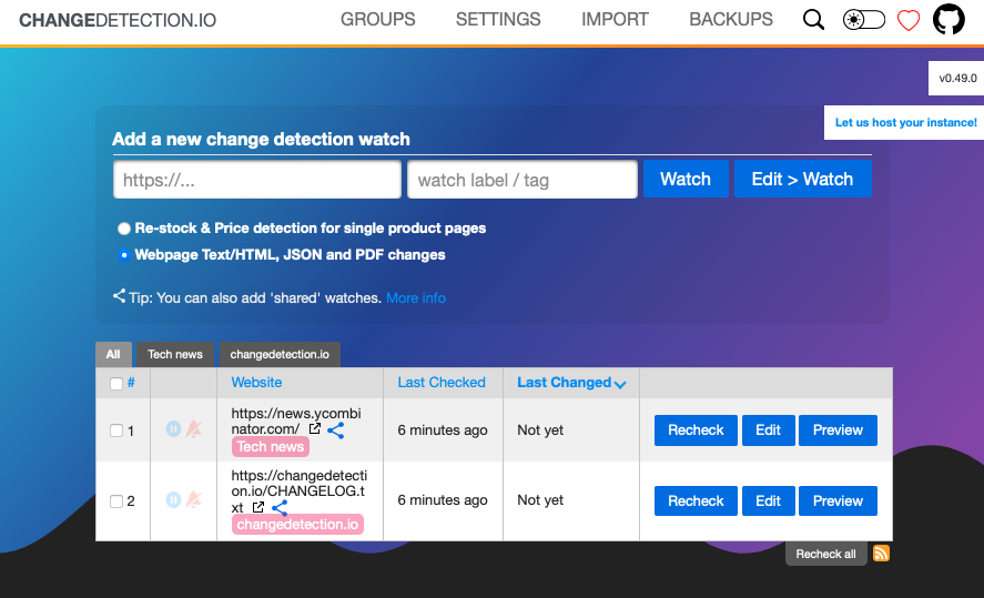 Changedetection dashboard