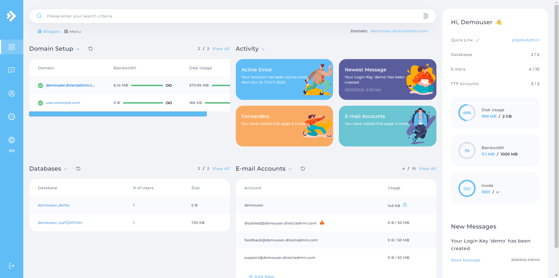 DirectAdmin's user interface