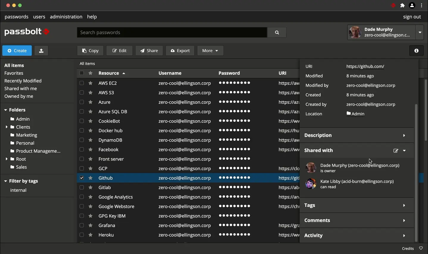 Passbolt user interface